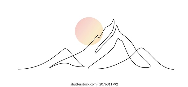 One continuous line drawing mountain range landscape and color sun  Abstract peak hills   skyline in scandinavian simple linear style  Modern panoramic sketch  Doodle vector illustration