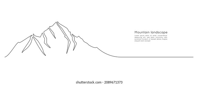 One continuous line drawing of mountain range landscape silhouette. Panorama skyline with mounts peaks in simple linear style. Adventure winter sports concept isolated on white. Vector illustration