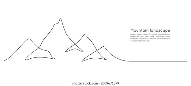 One continuous line drawing of mountain range landscape silhouette. Minimalistic skyline with mounts ridge in simple linear style. Adventure winter sport concept isolated. Doodle Vector illustration