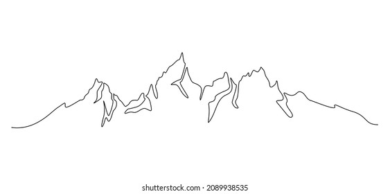 One continuous line drawing of mountain range landscape. Minimalistic skyline with mounts peak in simple linear style. Adventure winter sports concept isolated on white. Vector illustration.