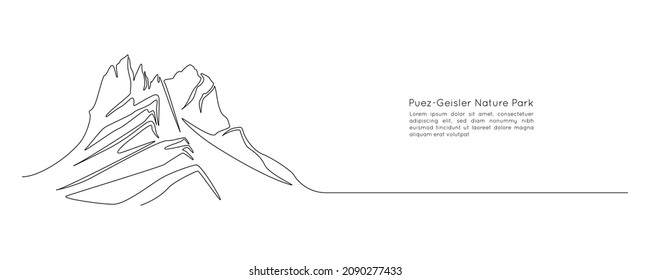 One continuous line drawing of mountain range landscape silhouette. Puez-Geisler Nature Park in simple linear style. Adventure winter sports concept isolated on white. Doodle Vector illustration