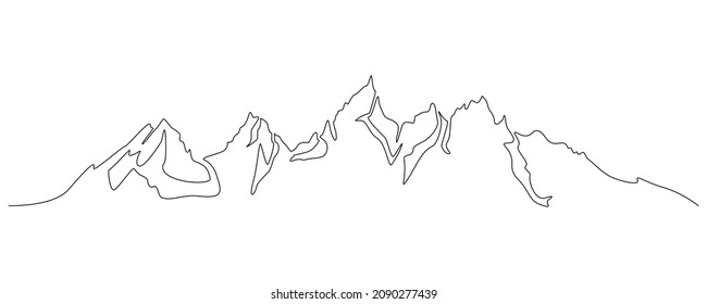 One continuous line drawing of mountain range landscape silhouette. Web banner with mounts ridge in simple linear style. Adventure winter sport concept isolated. Doodle Vector illustration