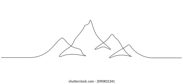 One continuous line drawing of mountain range landscape silhouette. Minimalistic skyline with mounts ridge in simple linear style. Adventure winter sport concept isolated. Vector illustration