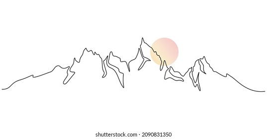 Un plano continuo de la cordillera con el sol de color. Resumen de las crestas y colinas escandinavas en un sencillo estilo lineal. Esbozo panorámico moderno. Ilustración del vector Doodle