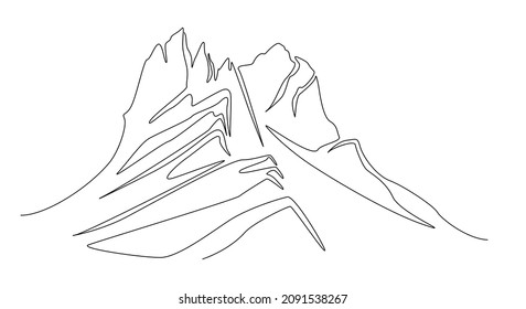 One continuous line drawing of mountain range landscape silhouette. Web banner with mounts ridge in simple linear style. Winter sport concept isolated. Doodle Vector illustration