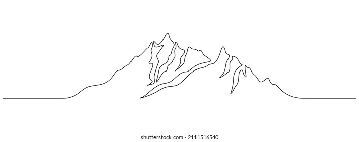 One continuous line drawing mountain ridge landscape  Web banner and high mounts   peaks in simple linear style  Adventure winter sports ski   hiking concept  Doodle vector illustration