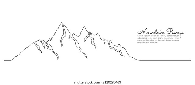 One continuous line drawing of mountain range landscape. Web banner with mounts and high peak in simple linear style. Adventure winter sports and hiking tourism concept. Vector illustration