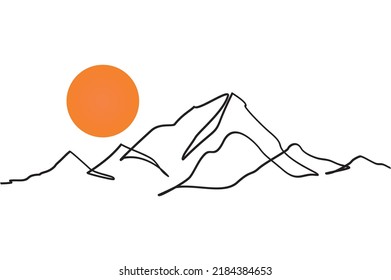 One continuous line drawing of mountain range landscape and sun. Web banner with mounts in simple linear style. Adventure winter sports concept isolated on white background. Doodle vector illustration