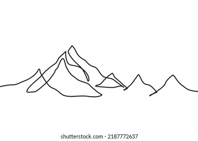 One Continuous Line Drawing Of Mountain Range Landscape. Web Banner With Mounts In Simple Linear Style. Adventure Winter Sports Concept Isolated On White Background. Doodle Vector Illustration. Eps 10