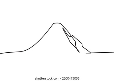 One continuous line drawing of mountain range landscape. Web banner with mounts in simple linear style. Doodle vector illustration. Adventure winter sports concept isolated on white background.
