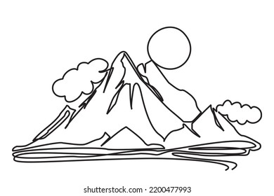 One continuous line drawing of mountain range landscape, sun, clouds and rivers. Web banner with mount in simple linear style. Autumn sports concept adventure isolated on white background. Vector.