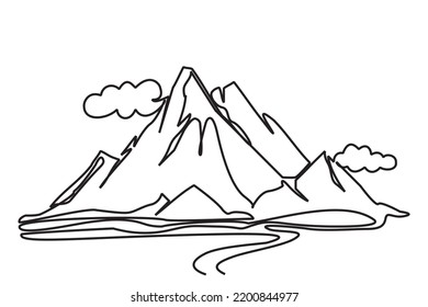 One continuous line drawing of mountain range landscape, clouds and rivers. Web banner with mount in simple linear style. Autumn sports concept adventure isolated on white background. Vector.