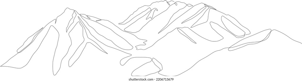 Eine durchgängige Zeichnung der Berglandschaft. Vektorgrafik.