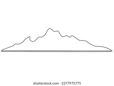 One continuous line drawing of mountain landscape. Web banner with mounts and high peaks in simple linear style. Winter sport adventure and hiking tourism concept. Vector illustration