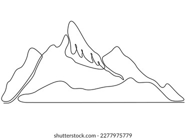 One continuous line drawing of mountain landscape. Web banner with mounts and high peaks in simple linear style. Winter sport adventure and hiking tourism concept. Vector illustration