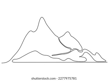 One continuous line drawing of mountain landscape. Web banner with mounts and high peaks in simple linear style. Winter sport adventure and hiking tourism concept. Vector illustration