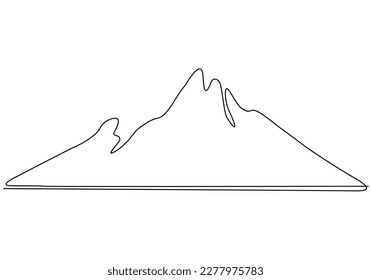 One continuous line drawing of mountain landscape. Web banner with mounts and high peaks in simple linear style. Winter sport adventure and hiking tourism concept. Vector illustration