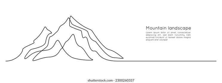 One continuous line drawing of mountain range landscape. Web banner with mounts in simple linear style. Adventure winter sports concept in editable stroke. Doodle vector illustration