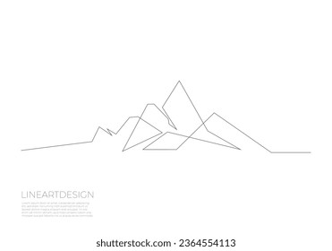 Un plano continuo de la cordillera montañosa. Banner web con montajes en estilo lineal simple. El concepto de deportes de invierno de aventura aislado en un fondo blanco. Ilustración del vector Doodle