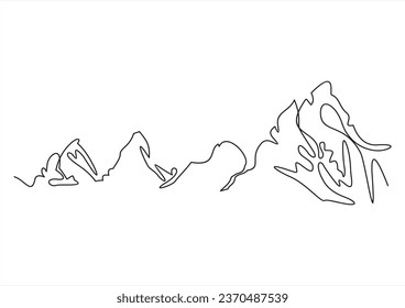 One continuous line drawing of mountain range landscape. Web banner with mounts in simple linear style. Adventure winter sports concept isolated on white background. Doodle vector illustration