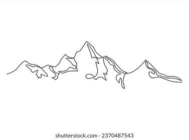 One continuous line drawing of mountain range landscape. Web banner with mounts in simple linear style. Adventure winter sports concept isolated on white background. Doodle vector illustration