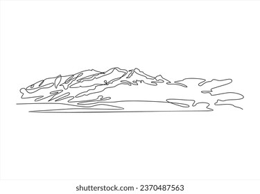 One continuous line drawing of mountain range landscape. Web banner with mounts in simple linear style. Adventure winter sports concept isolated on white background. Doodle vector illustration