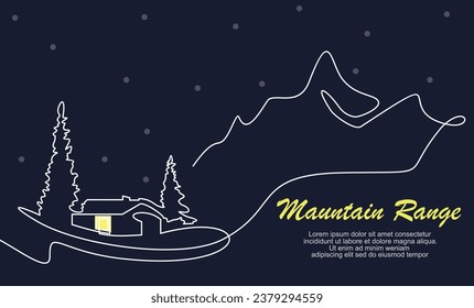 Un plano continuo de la cordillera montañosa. Banner web con montajes y alto pico en estilo lineal simple. Deportes de invierno de aventura y turismo de senderismo. Ilustración del vector