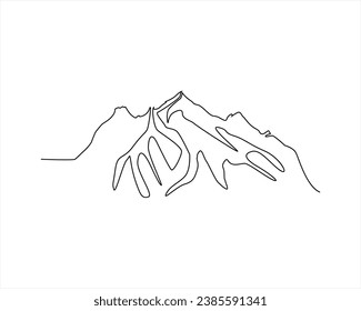 One continuous line drawing of mountain range landscape top view of mounts in simple linear style