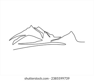 One continuous line drawing of mountain range landscape top view of mounts in simple linear style