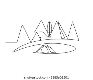 Un plano de línea continua de paisaje de cordillera vista superior de montículos en un estilo lineal simple