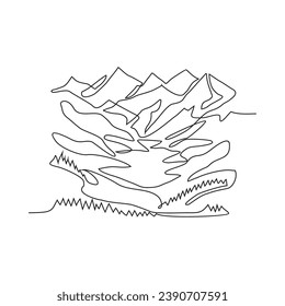 One continuous line drawing of mountain landscape. sign with Minimalist black linear mounts and high peak in simple linear style. Hiking and adventure sport design concept. Vector illustration