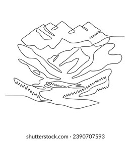 One continuous line drawing of mountain landscape. sign with Minimalist black linear mounts and high peak in simple linear style. Hiking and adventure sport design concept. Vector illustration