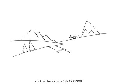 One continuous line drawing of mountain, grass, trees, and clouds. Nature concept. Doodle vector illustration in simple linear style.