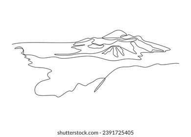 One continuous line drawing of mountain, grass, trees, and clouds. Nature concept. Doodle vector illustration in simple linear style.