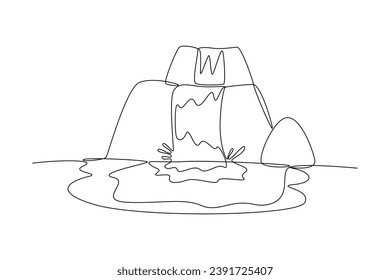 One continuous line drawing of mountain, grass, trees, and clouds. Nature concept. Doodle vector illustration in simple linear style.