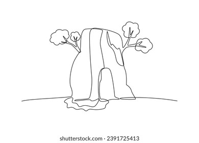 One continuous line drawing of mountain, grass, trees, and clouds. Nature concept. Doodle vector illustration in simple linear style.