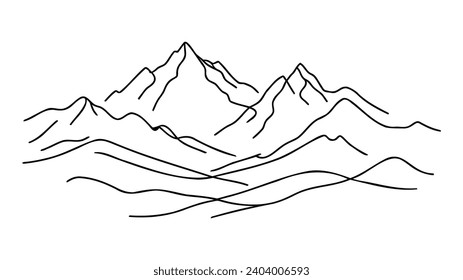 Un plano continuo de la cordillera montañosa. Banner web con montajes en estilo lineal simple. El concepto de deportes de invierno de aventura aislado en un fondo blanco. Ilustración del vector Doodle