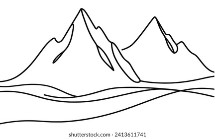 One continuous line drawing of mountain range landscape. Top view of mounts in simple linear style. Adventure winter sports concept isolated on white background. Doodle vector illustration