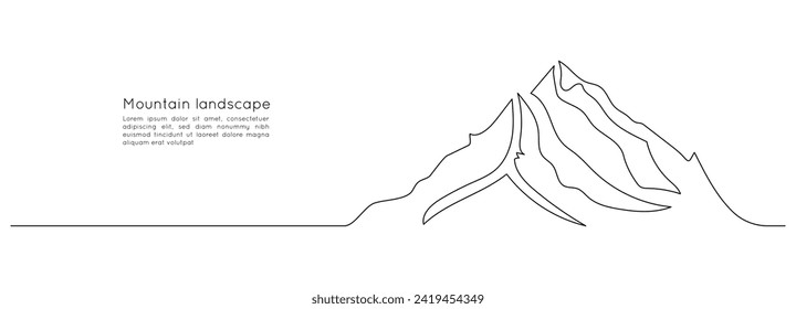 One continuous line drawing of mountain range landscape. Abstract web banner with hill and snow peak in simple linear style. Winter ski sport concept editable stroke. Outline vector illustration