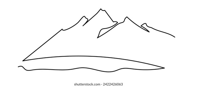 Un plano continuo de la cordillera montañosa. Pancarta web abstracta con montajes en estilo lineal simple. El concepto de deporte invernal es un golpe editable. Ilustración vectorial de contorno de Doodle