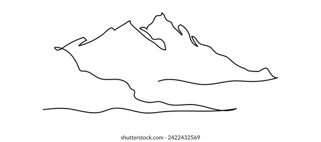 One continuous line drawing of mountain range landscape. Abstract web banner with mounts in simple linear style. Winter sport concept editable stroke. Doodle outline vector illustration