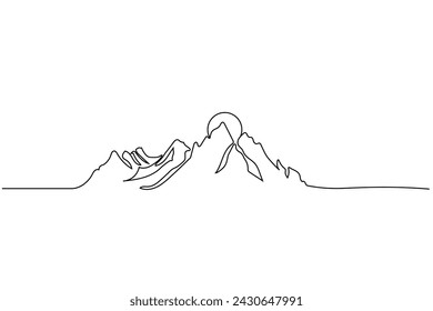 Una línea continua de dibujo del paisaje de la cordillera. Picos rocosos con nieve y monturas en estilo lineal simple. Concepto de deportes de invierno aislado sobre fondo blanco. Doodle ilustración vectorial