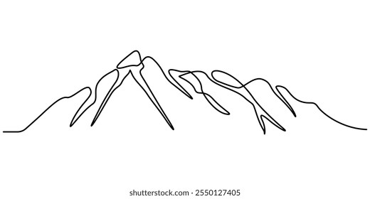  One continuous line drawing of mountain range landscape, Continuous line drawing of mountain range landscape top view of mounts in simple linear style vector illustration, Mountains Continuous Line.