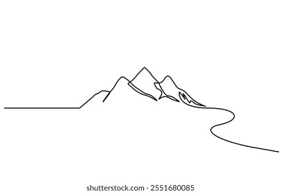 One continuous line drawing of mountain range landscape, Mountains. One line drawing vector illustration, Mountain, Iceberg Continuous Line Icon.