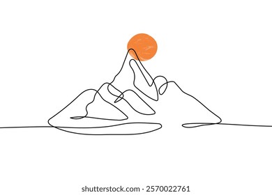 One Continuous Line Drawing of Mountain Landscape with Sunset. Modern Concept of Adventure in Minimalistic Black Linear Design. Doodle Vector illustration. Not AI