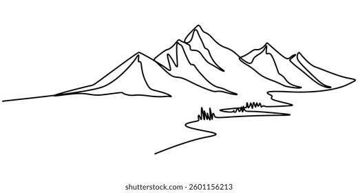One continuous line drawing of mountain range landscape, Mountains linear background. Hand drawn mountain landscape. Vector illustration, Mountain Landscape Web Banner with Continuous Line Icon, pro. 