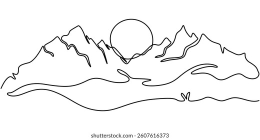 One continuous line drawing of mountain range landscape, Continuous one line drawing rocky mountains near the lake. Mountain landscape. Mountain lake. Rocks in the water.One continuous line isolated.