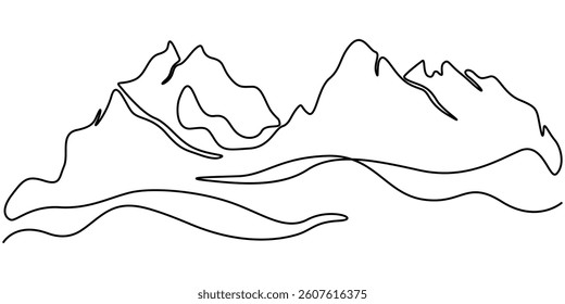 One continuous line drawing of mountain range landscape, Continuous one line drawing rocky mountains near the lake. Mountain landscape. Mountain lake. Rocks in the water.One continuous line isolated.