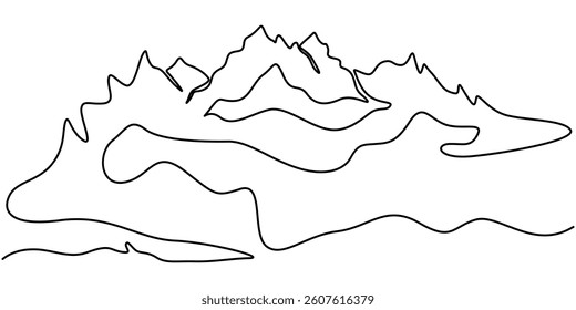 One continuous line drawing of mountain range landscape, Continuous one line drawing rocky mountains near the lake. Mountain landscape. Mountain lake. Rocks in the water.One continuous line isolated.