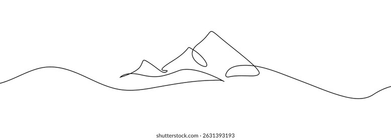 Un dibujo de línea continua del paisaje de la cordillera. Anuncio de Web con soportes en estilo lineal simple. Concepto de deportes de invierno de aventura aislado sobre fondo blanco. Ilustración vectorial Doodle. EPS10 